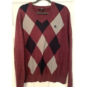 Express Sweater Mens X-Large Maroon Black Gray Argyle Diamond V-Neck Y2K Logo